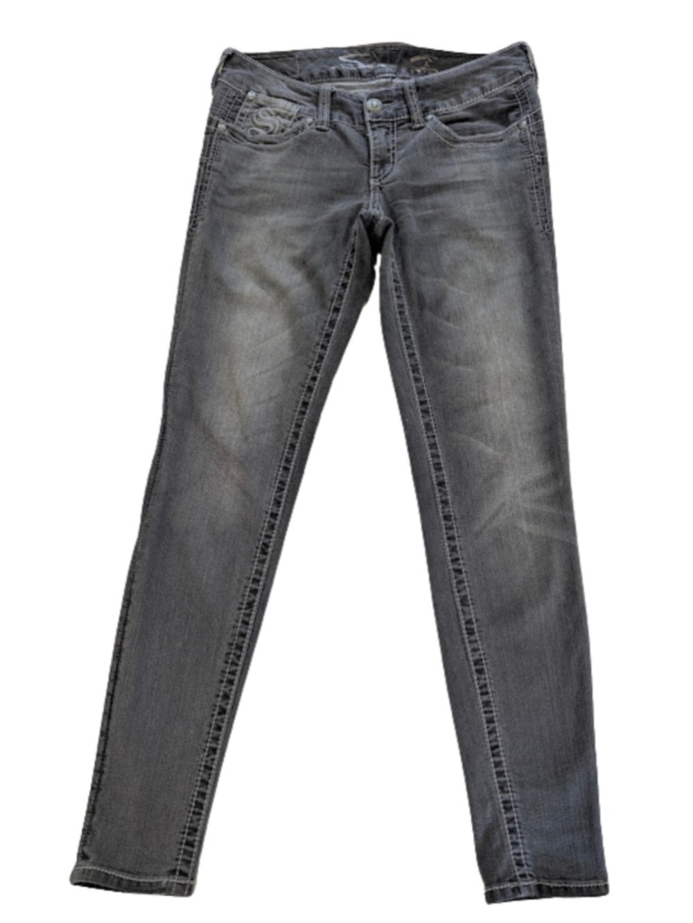 Seven7 Gray Bling Pocket Skinny Jeans 28 Y2K Grunge Moto Biker Rocker Stretch